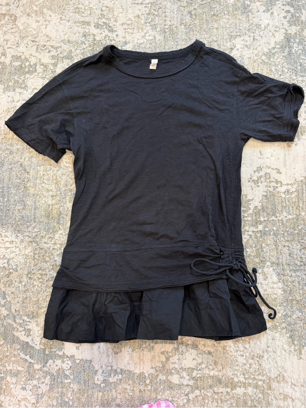 Black Short Sleeve Ruffle-Hem Tee with Side Drawstring